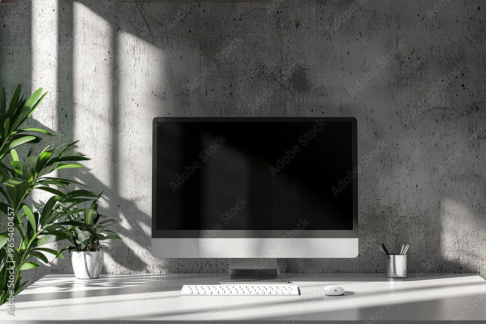 Poster front view of modern workplace with blank computer screen on concrete wall background and decoration