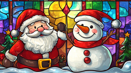 Stained Glass Christmas Santa and Snowman Background