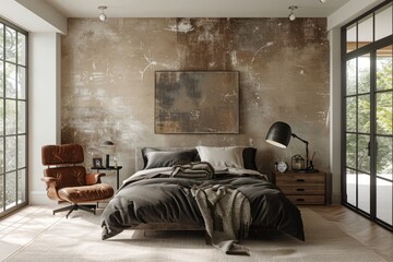 A contemporary Modern bedroom with stucco wall. Scandinavian loft minimalist furniture, featuring a bed with dark gray bedding, a leather armchair, and an industrial lamp!!