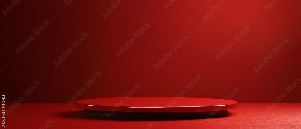Poster an abstractly styled empty podium sits against a bright red background, designed for showcasing prod