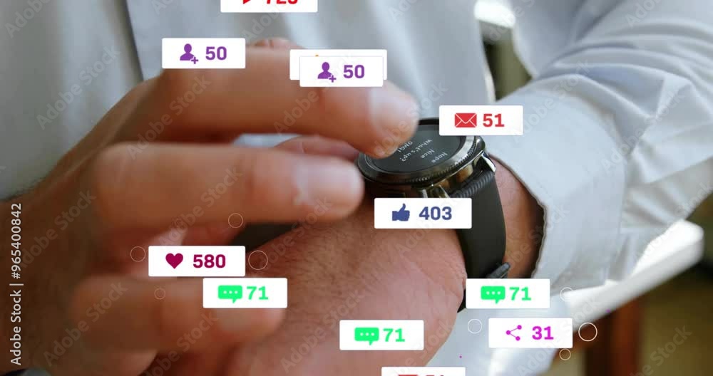 Poster animation of social media icons with numbers over caucasian man using smartwatch