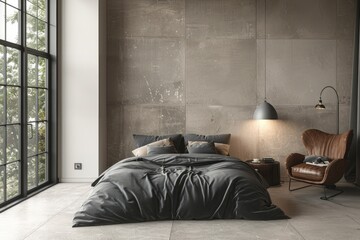 Modern bedroom with stucco wall. Scandinavian loft minimalist furniture, a queen-sized bed with gray bedding.