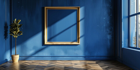 Empty Picture Frame Against Blue Wall with Window Shadow