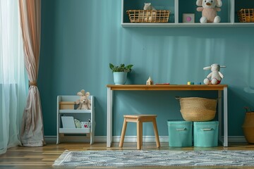 A cozy children's playroom with minimalist furniture, a small wooden desk, and pastel-colored bins for toy storage. Children's playroom with minimalist furniture. Scandinavian loft children's playroom