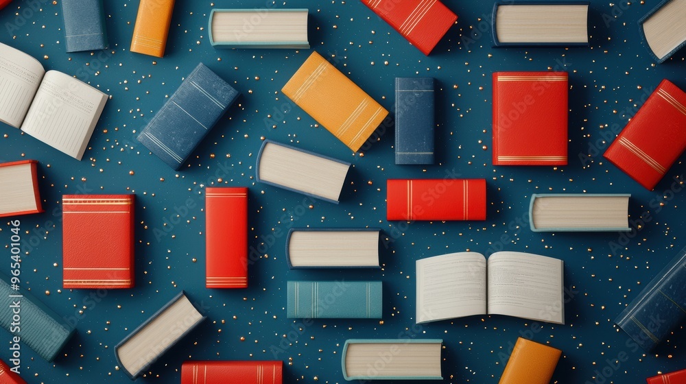 Poster futuristic virtual library concept with digital books floating in space -