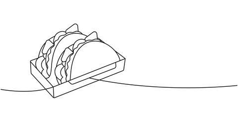 Ground beef tacos one line continuous drawing. Traditional Mexican street fast food. Vector linear illustration.