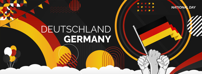 Happy Germany Unity Day or Deutschland. Modern abstract shape with raised hand and typography to celebrate national holidays in Germany flag colors. Suitable for poster, banners and greeting cards.