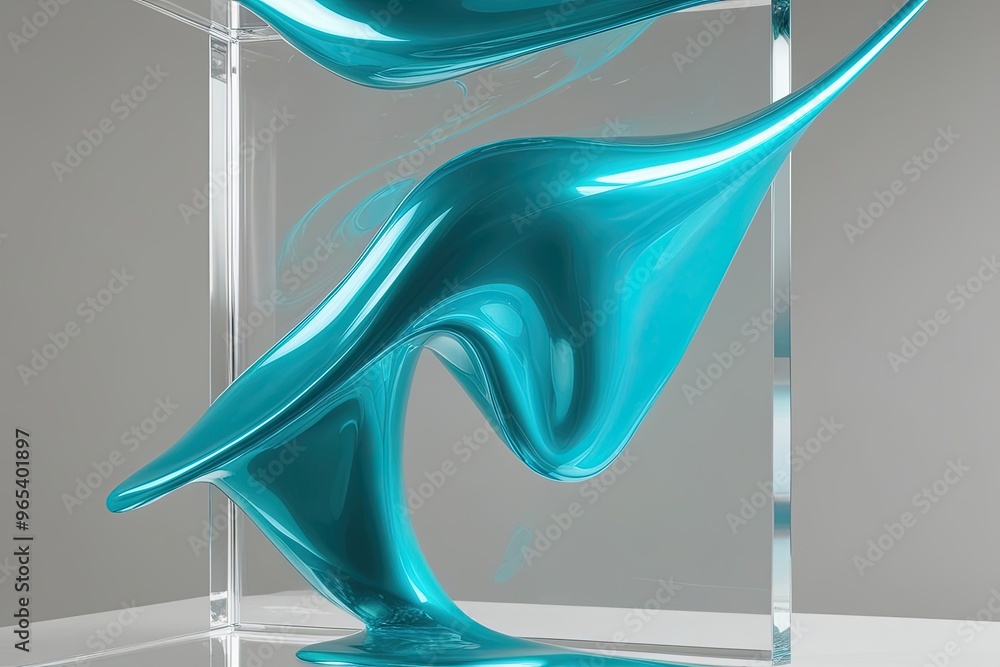 Poster Bright Aqua Fluid Structure - 3D Shimmering Abstract Shape with Motion on Clear Canvas
