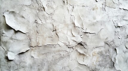 Fototapeta premium Textured wall surface with cracked, peeling white paint, creating a rustic and weathered look, ideal for backgrounds and art projects.