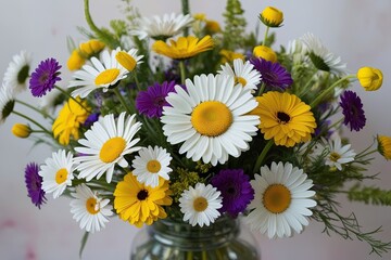Obraz premium Vibrant Watercolor Daisy Bouquet Featuring Bright White Yellow Wildflowers and Purple Accents for Spring Decor