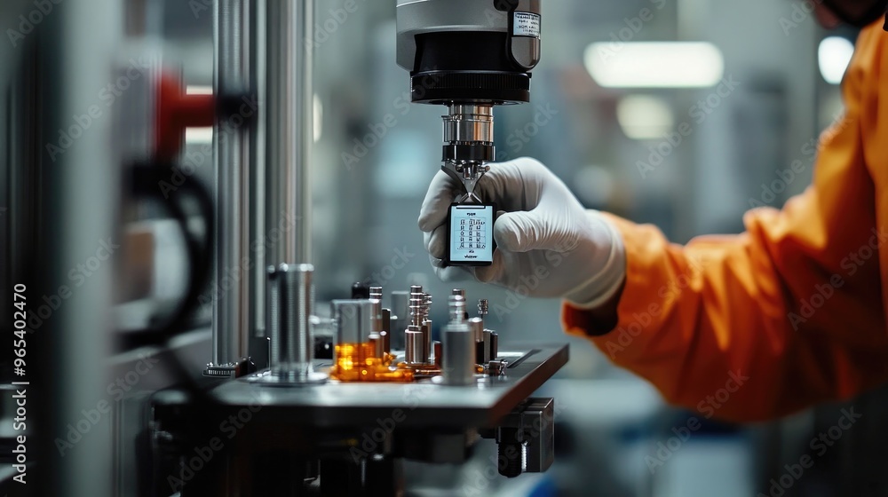 Poster a factory worker inspecting oem components with a digital caliper for precise measurements.