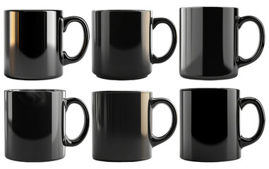 Black ceramic coffee mugs in different angles isolated on transparent background