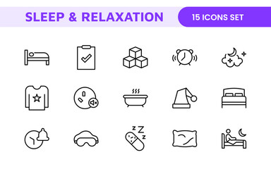 Sleep and Relaxation Icon Collection: Perfect for Wellness Apps, Meditation Tools, Sleep Aids, Stress Relief Techniques, and Calm Living Spaces.
