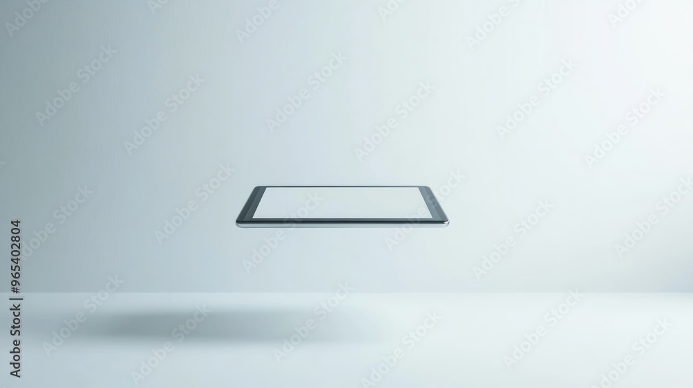 Poster floating tablet with white screen in a white studio