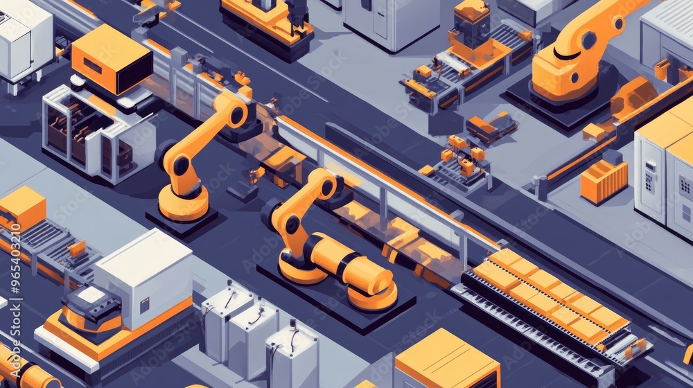 Poster a modern oem assembly line with robots working alongside humans, efficiently assembling products.