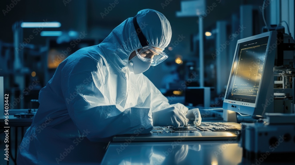 Poster a technician in a protective suit assembling oem computer processors under a cleanroom environment.