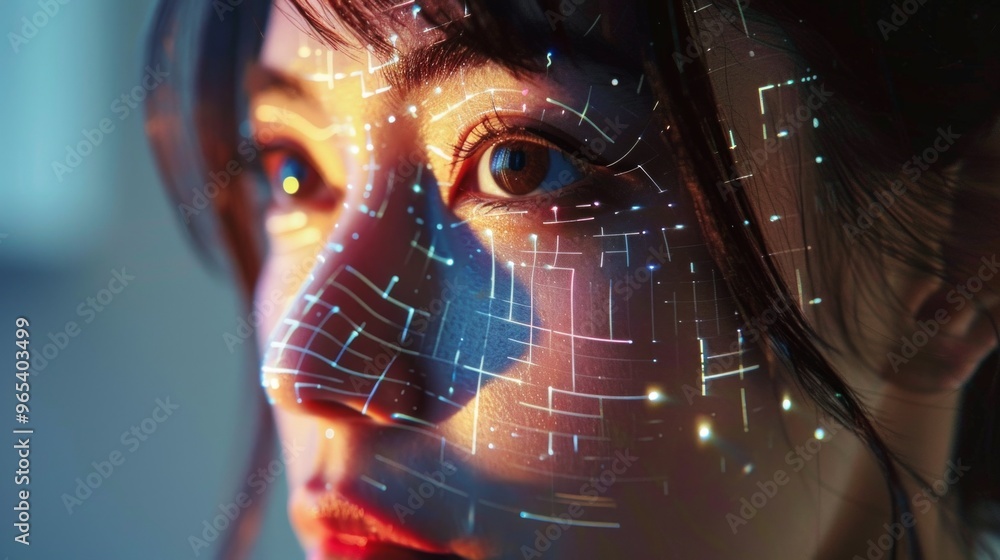 Poster a close-up of a woman's face illuminated by digital patterns showcasing ai deepfake technology and i