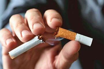Close-up of Man's hand breaking a cigarette in half - symbolizing the decision to quit smoking and break free from addiction.
