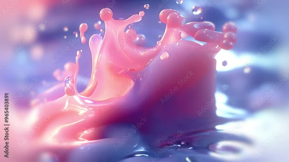 Aufkleber Abstract animation of a slow-motion splash of colored thick liquid with smooth transitions between pink, purple and blue hues. Light highlights accentuate the floating drops. Dynamic futuristic style.