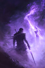 Obraz premium A strong looking mage in his thirties with a short beard, wielding a short sword glowing with dark purple energy