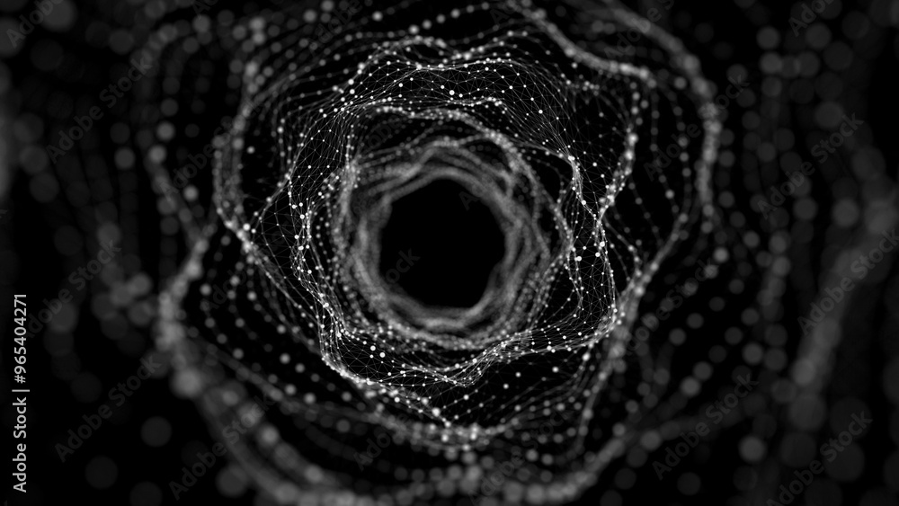 Poster Futuristic dynamic wireframe tunnel on black background. Digital data flow. Progressive IT technologies. 3d rendering.	