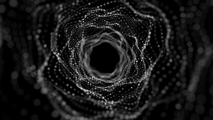 Futuristic dynamic wireframe tunnel on black background. Digital data flow. Progressive IT technologies. 3d rendering.	
