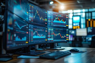 Naklejka premium close-up shot of a stock broker's computer screens during a busy trading day in a bull market, with multiple ascending graphs and ticker symbols reflecting the fast-paced world of buying