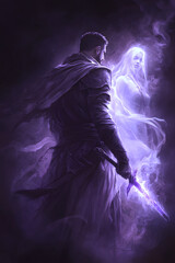 A strong looking mage in his thirties with a short beard, wielding a short sword glowing with dark purple energy