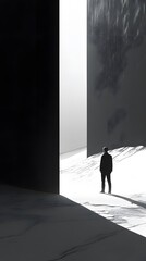 Silhouette of a Person Standing Between Two Tall Structures in a White Landscape