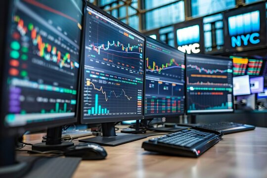 close-up shot of a stock broker's computer screens during a busy trading day in a bull market, with multiple ascending graphs and ticker symbols reflecting the fast-paced world of buying - Powered by Adobe
