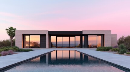 Luxurious Sunset Villa with Reflective Glass Windows - with Ray Tracing in Quality