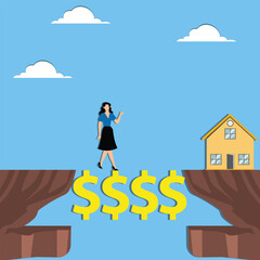 Bridge Loans For Real Estate Investors. Businesswoman Crossing the Dollar Bridge to Financial Goals or Loans