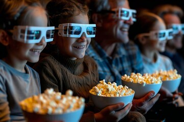 Capturing the cozy and fun family bonding time of a family watching a movie together with their 3d glasses and bowls of popcorn in hand.