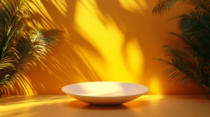 Obraz premium An elegant 3D representation of an empty podium is enhanced by tropical leaves on a striking dark orange background, ideal for showcasing products or designs