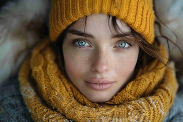 A young woman with striking blue eyes and a cozy yellow knit hat poses warmly while bundled in a matching scarf during winter