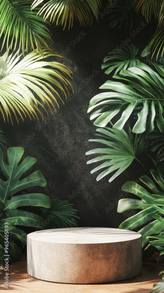 Poster an empty 3d podium is framed by vibrant tropical leaves on a dark orange background, creating a styl