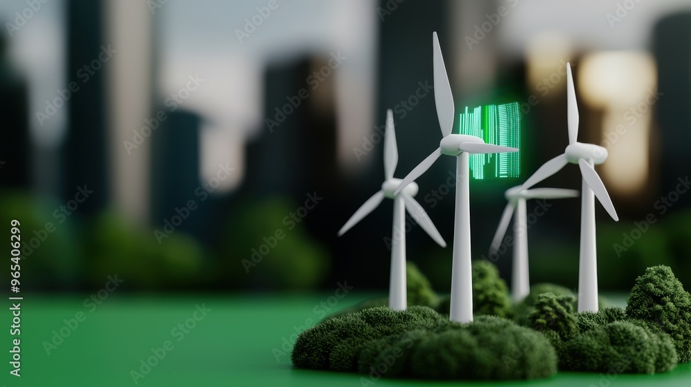 Poster holistic visualization of renewable energy future in holographic green-tech setting - with copy spac