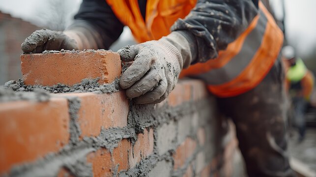 A worker in a safety vest laying bricks to form a straight wall, with mortar being applied between the bricks.