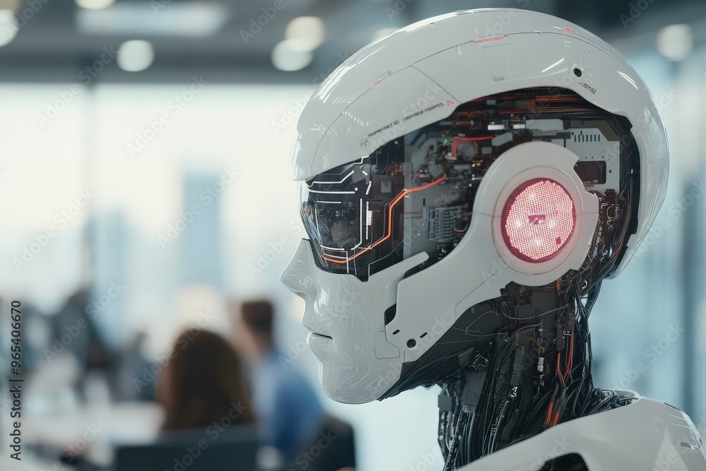 Aufkleber a highly advanced futuristic robot is shown in profile, in the midst of a modern office environment,