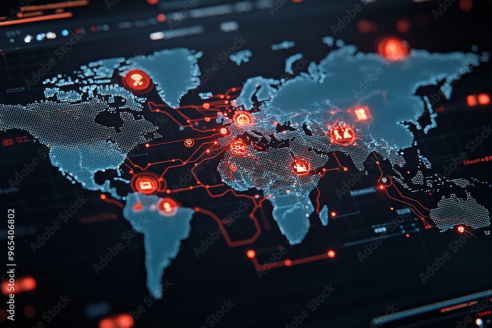 Poster this image features a digitally-rendered world map highlighted with various connection nodes and tec