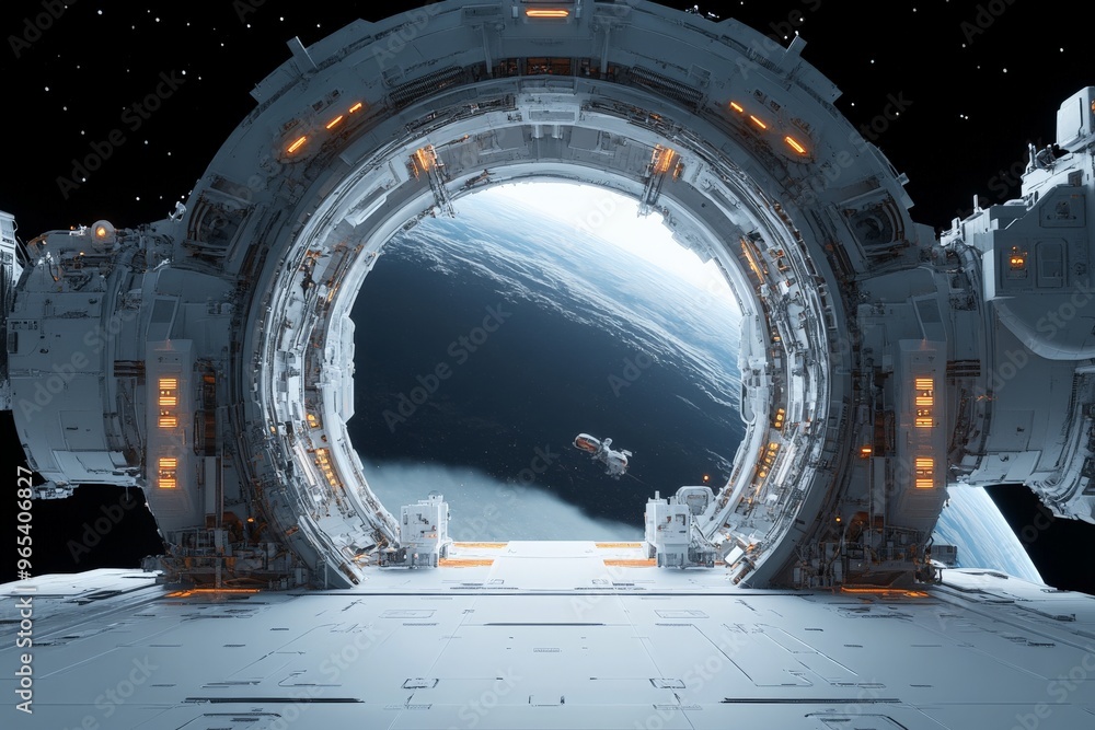 Poster this futuristic image captures a space station with a gateway view of earth from orbit, illustrating