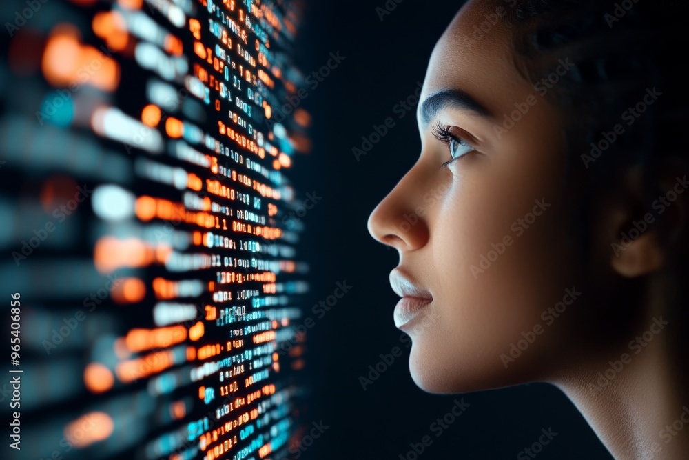 Poster a closeup side profile of a person looking at colorful glowing lines of data or code in a dark envir