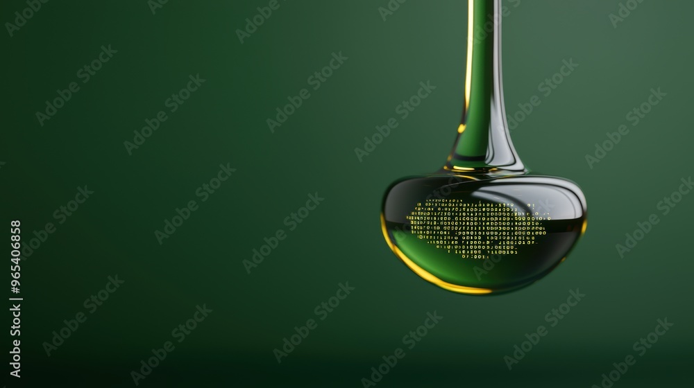 Poster futuristic digital oil drops in binary code reflections - with copy space, selective focus, and qual