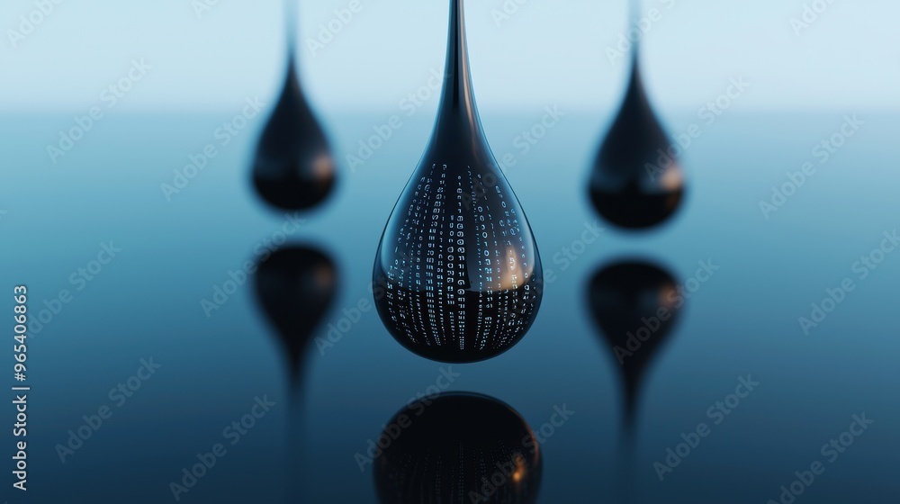 Aufkleber futuristic digital oil drops in binary code reflections - with copy space, selective focus, and qual