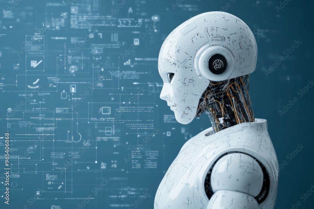 Poster a futuristic white robot with exposed circuits and mechanical parts examining detailed digital data 