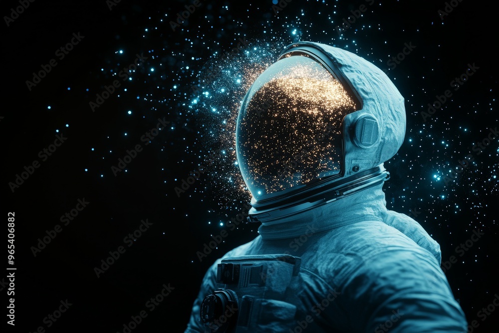 Poster an astronaut with a reflective helmet and spacesuit is surrounded by shimmering cosmic dust or parti