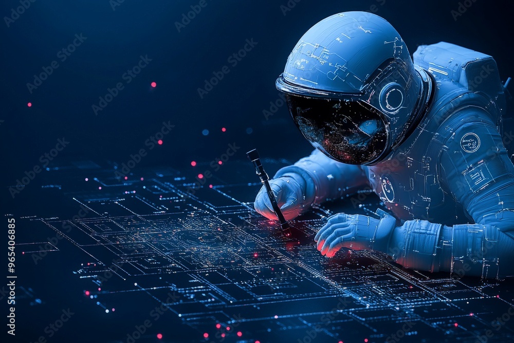 Poster an astronaut in a high-tech spacesuit engaged in a project on a digital platform, amidst a field of 