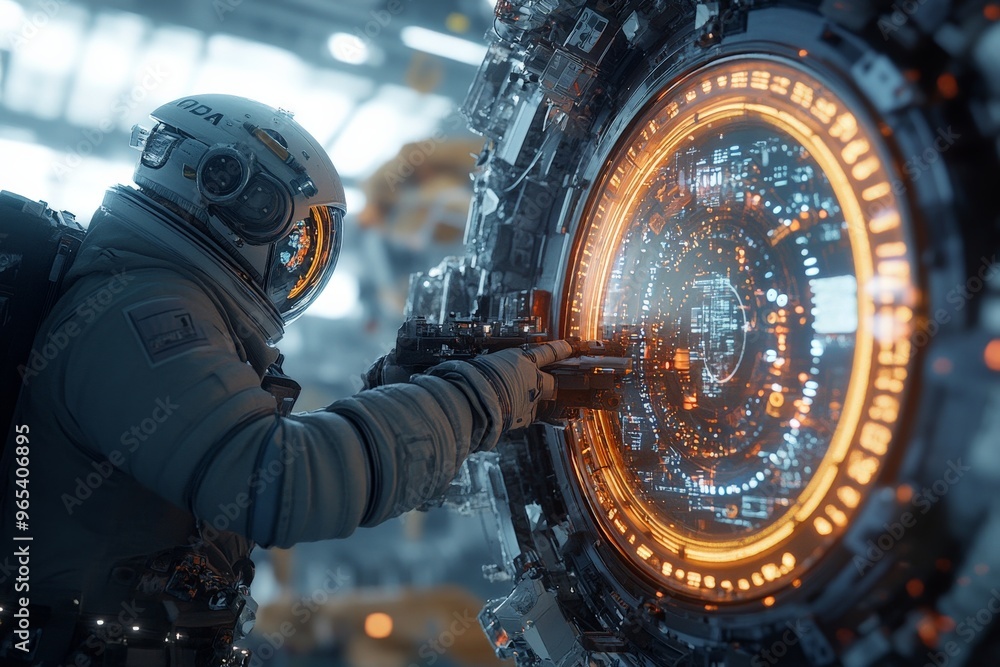Poster an astronaut in a technologically advanced spacesuit using a hand-held device to interact with a glo