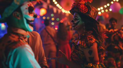 Friends in Halloween costumes laughing and having fun at a party, Halloween costume party