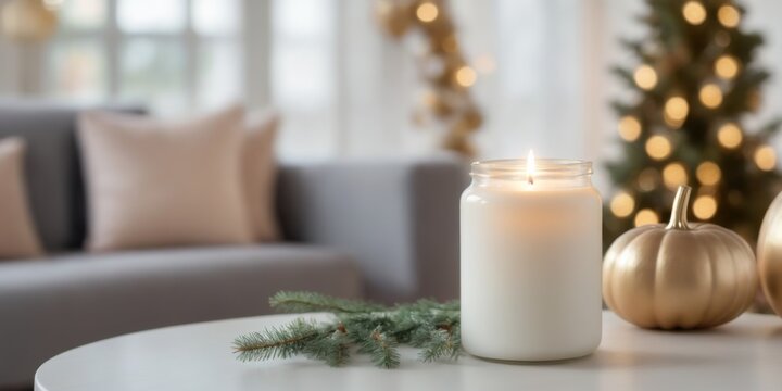 Cozy living room with lit white candle in glass jar, gold pumpki